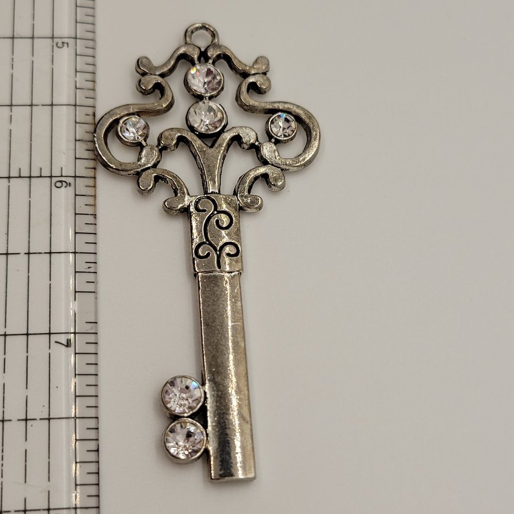 Key - Scarf or Necklace Jewelry, with Clear Crystals and Silver Coloring